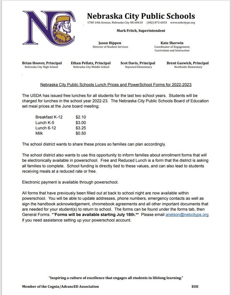 2022 - 2023 Lunch Prices and PowerSchool Forms