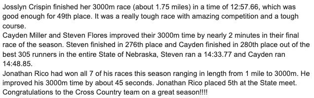 Cross Country Results