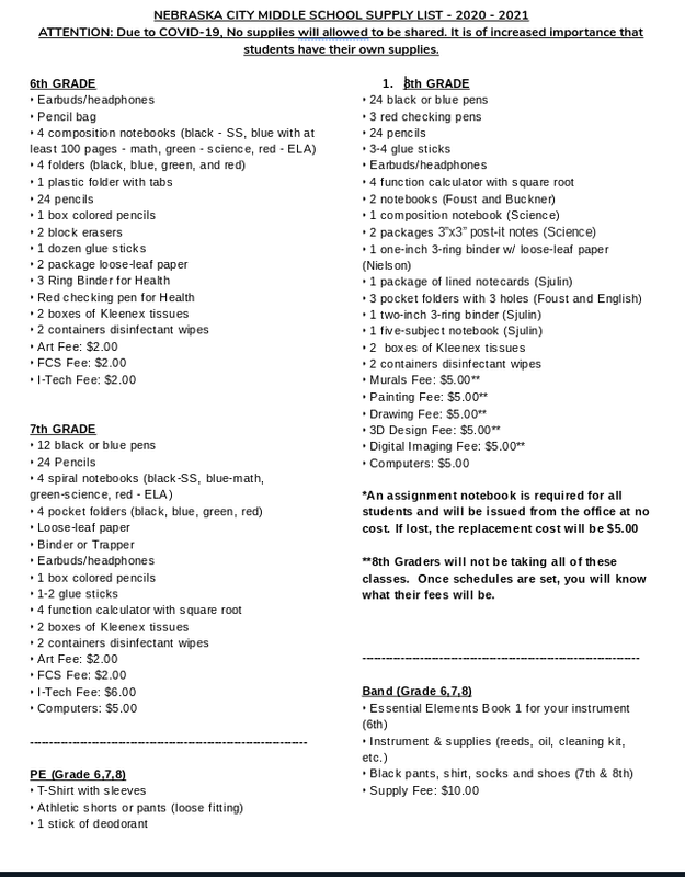 School Supply List for the 2020-2021 School Year | Nebraska City Middle ...